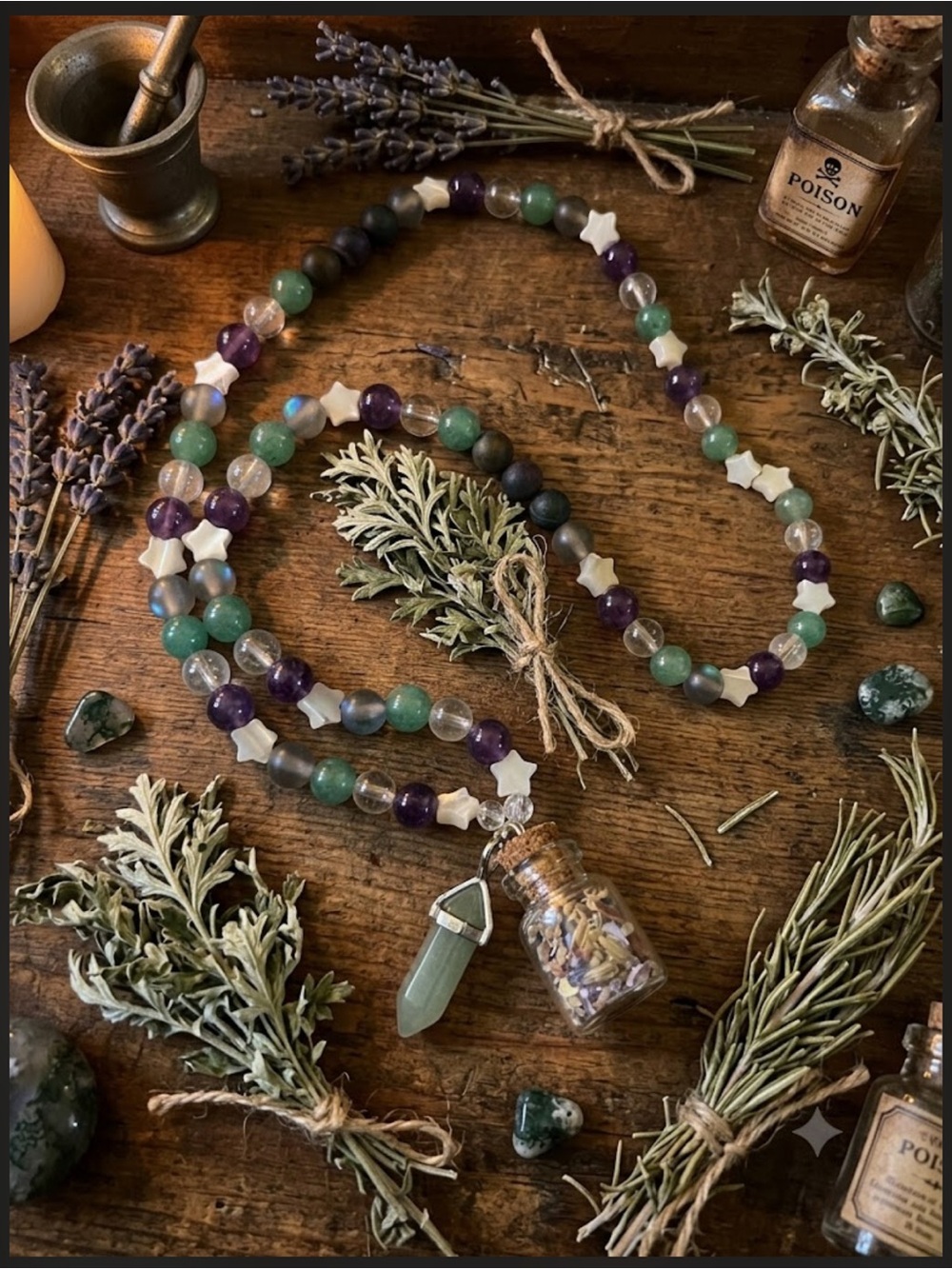 Stars & MoonSpell Necklace (Dried Lavender, amethyst, Aventurine, MOP Stars)